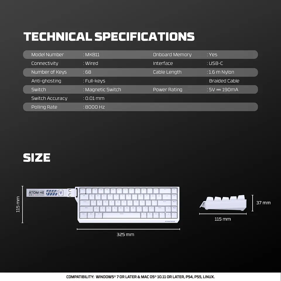MK811 ATOM HE68 White Teclado Magnético 60% 8.000 Hz Layout USA 16