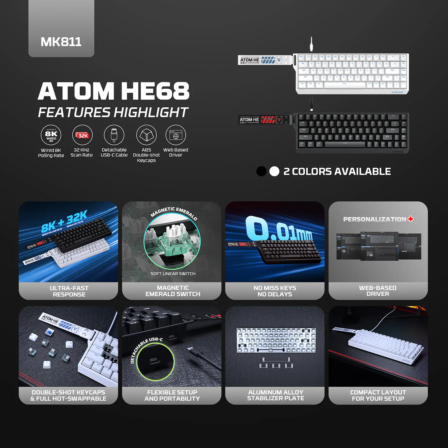 MK811 ATOM HE68 White Teclado Magnético 60% 8.000 Hz Layout USA 9