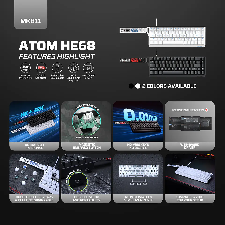 MK811 ATOM HE68 White Teclado Magnético 60% 8.000 Hz Layout USA 9