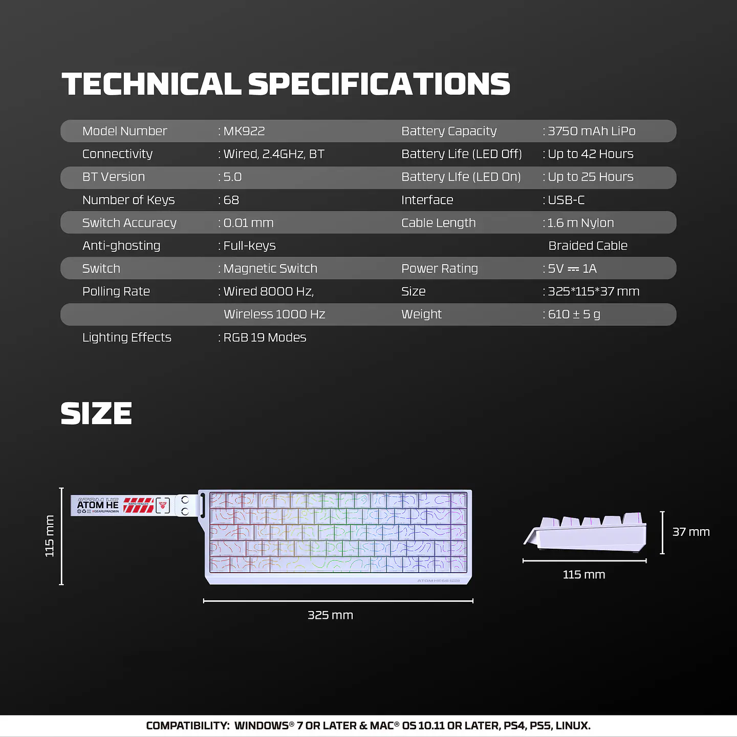 MK922 ATOM HE68 PRO Retro Teclado inalámbrico Magnético 60% 8.000 Hz Layout USA 19