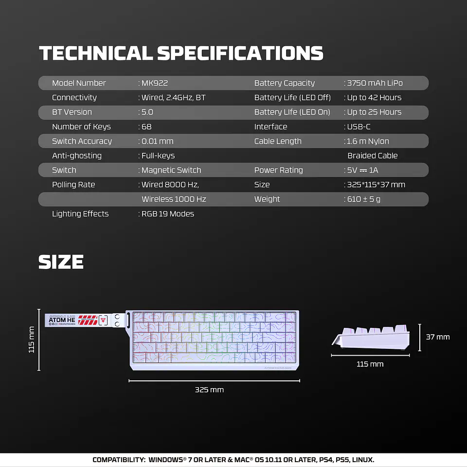MK922 ATOM HE68 PRO Retro Teclado inalámbrico Magnético 60% 8.000 Hz Layout USA 19