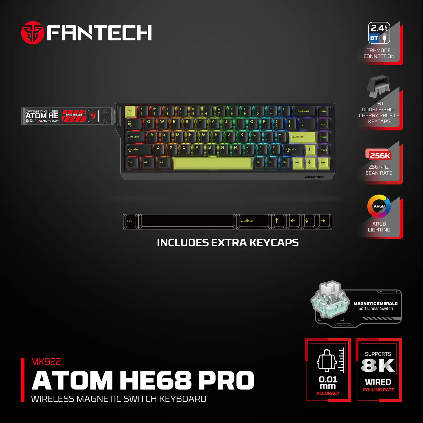 MK922 ATOM HE68 PRO Retro Teclado inalámbrico Magnético 60% 8.000 Hz Layout USA 13