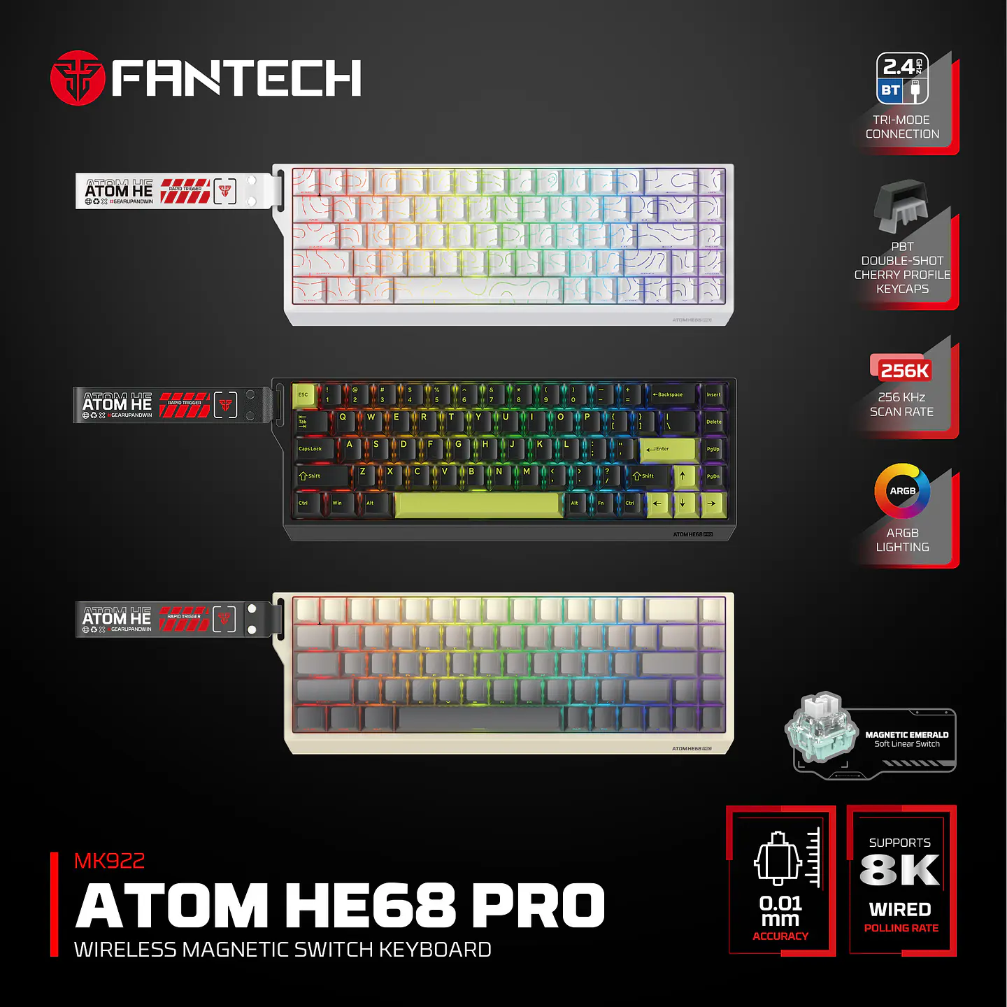 MK922 ATOM HE68 PRO Retro Teclado inalámbrico Magnético 60% 8.000 Hz Layout USA 17