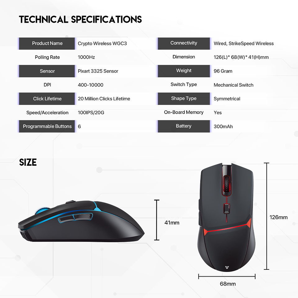 WGC3 CRYPTO Black Gaming Mouse Inalámbrico 10.000 DPI 11