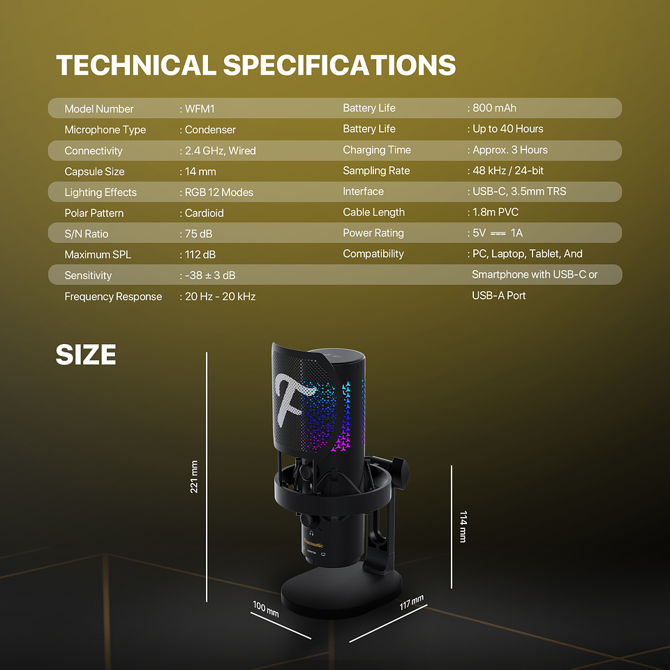 WFM1 RESONO Black Micrófono Inalámbrico Condensador Doble-Polar Finecoustic 18
