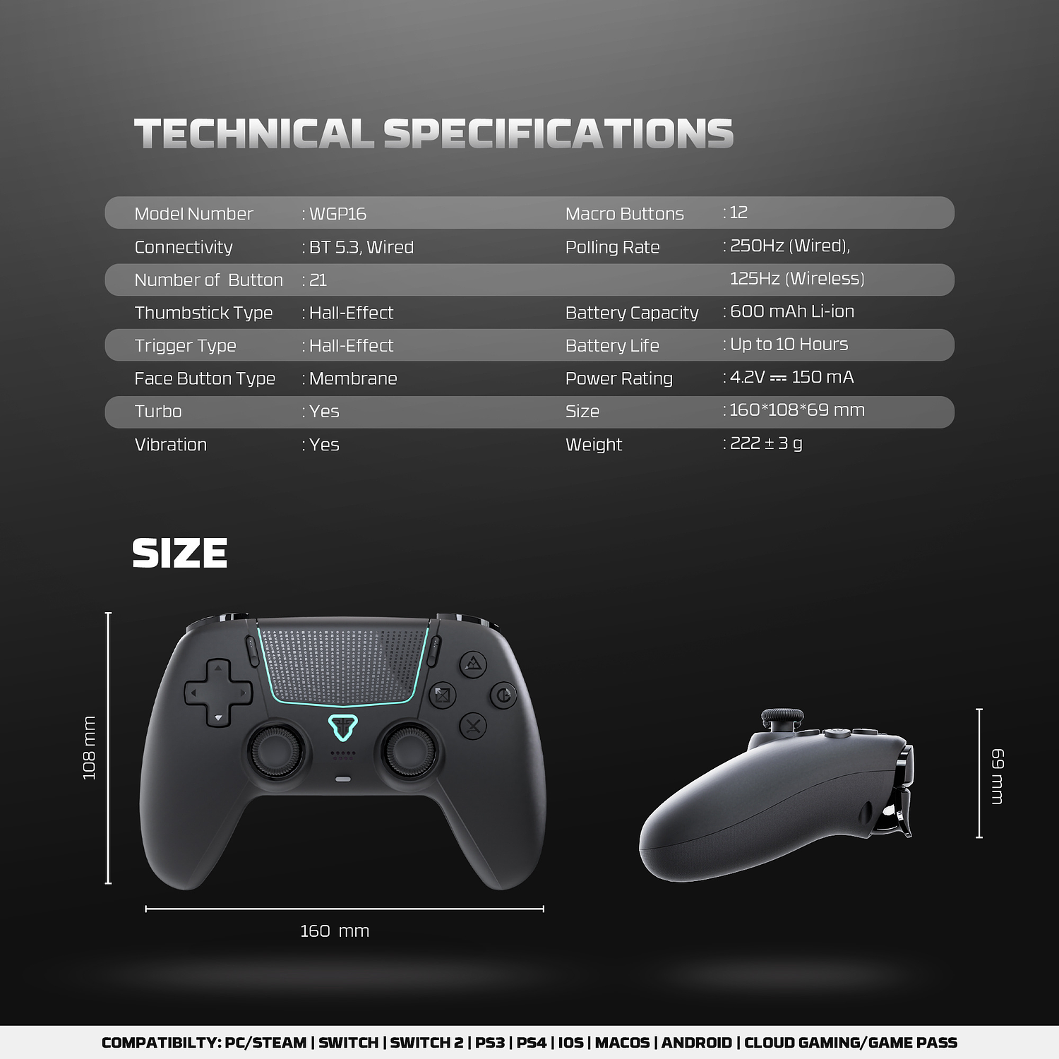 WGP16 NOVA II Black Control Inalámbrico Multiplataforma Switch 2 PC PS4 17