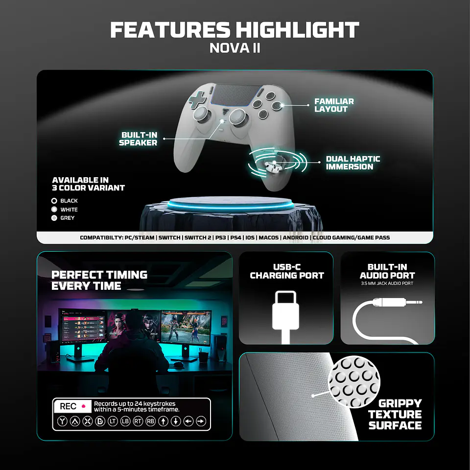 WGP16 NOVA II Grey Control Inalámbrico Multiplataforma Switch 2 PC PS4 12
