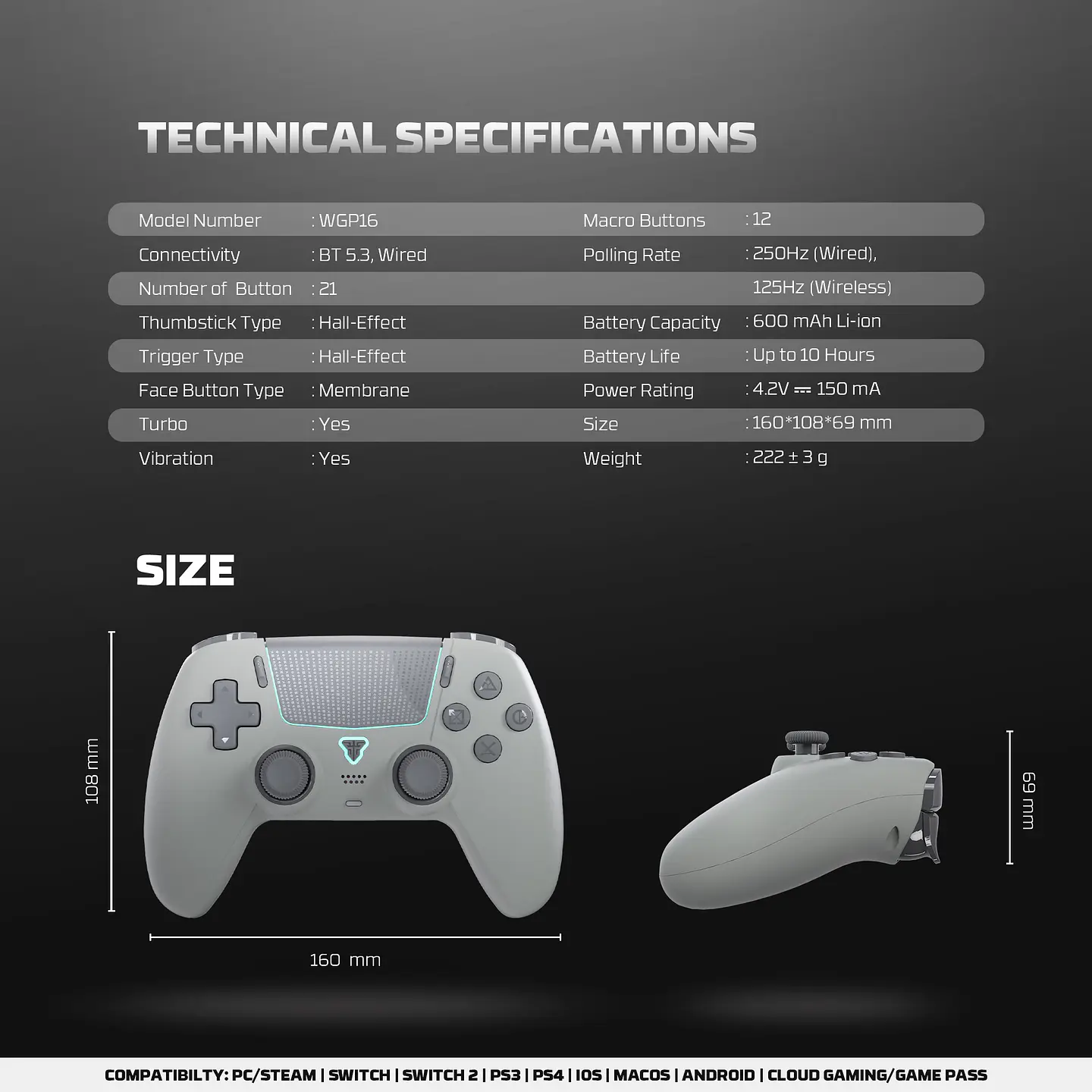 WGP16 NOVA II Grey Control Inalámbrico Multiplataforma Switch 2 PC PS4 16