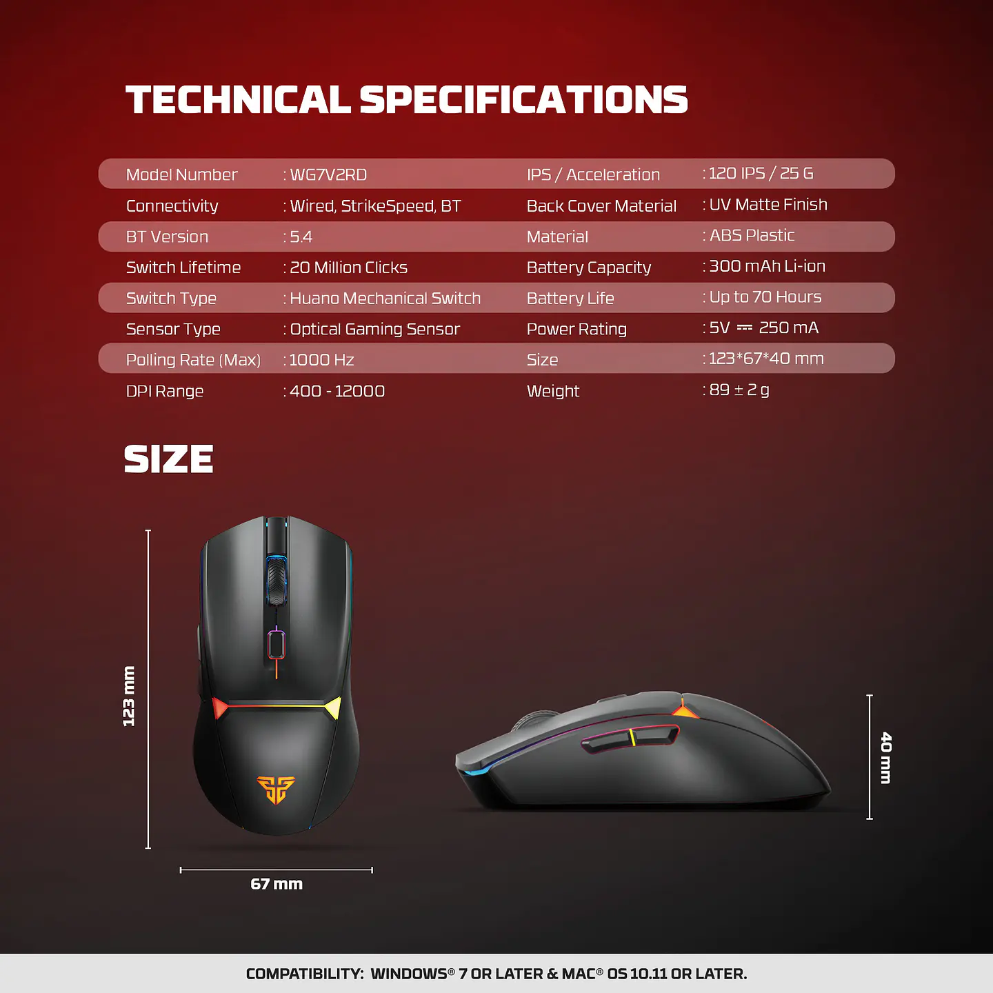 WG7DV2RD CRYPTO II Black Mouse Inalámbrico 12.000 DPI 13