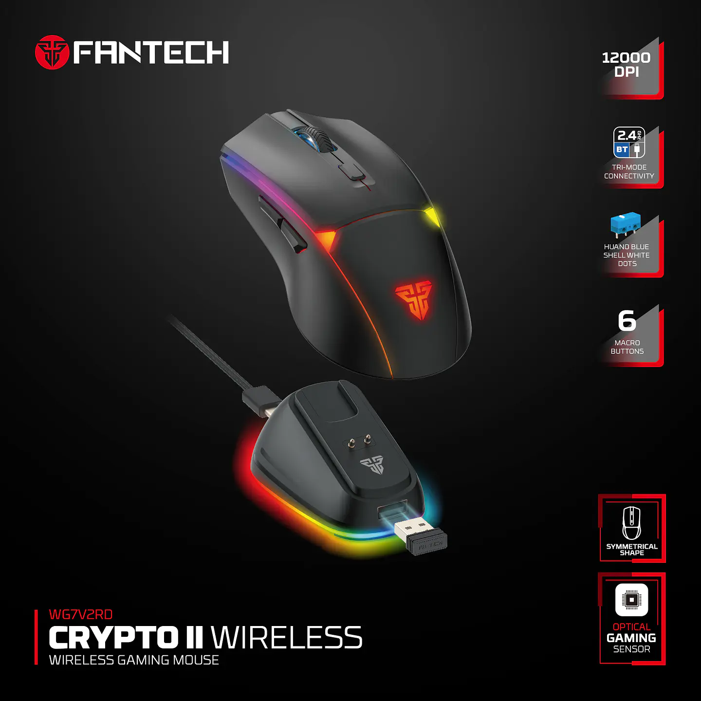 WG7DV2RD CRYPTO II Black Mouse Inalámbrico 12.000 DPI 15