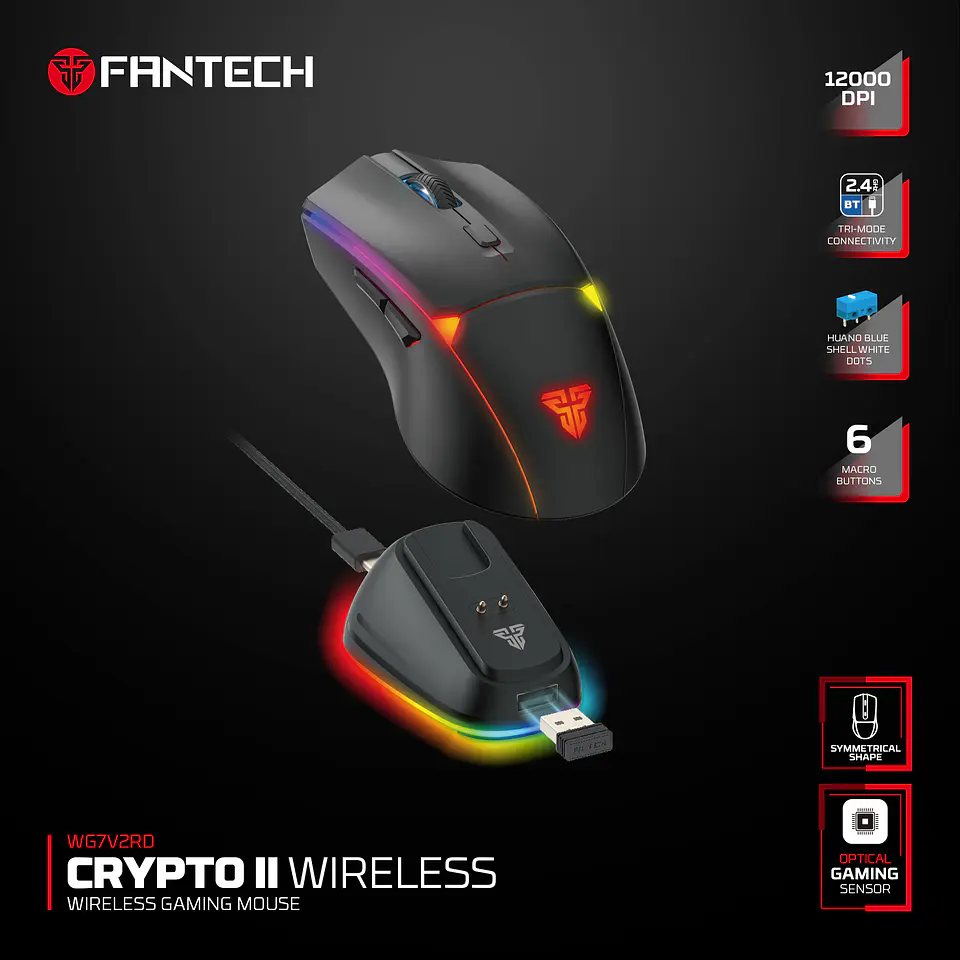 WG7DV2RD CRYPTO II Black Mouse Inalámbrico 12.000 DPI 15