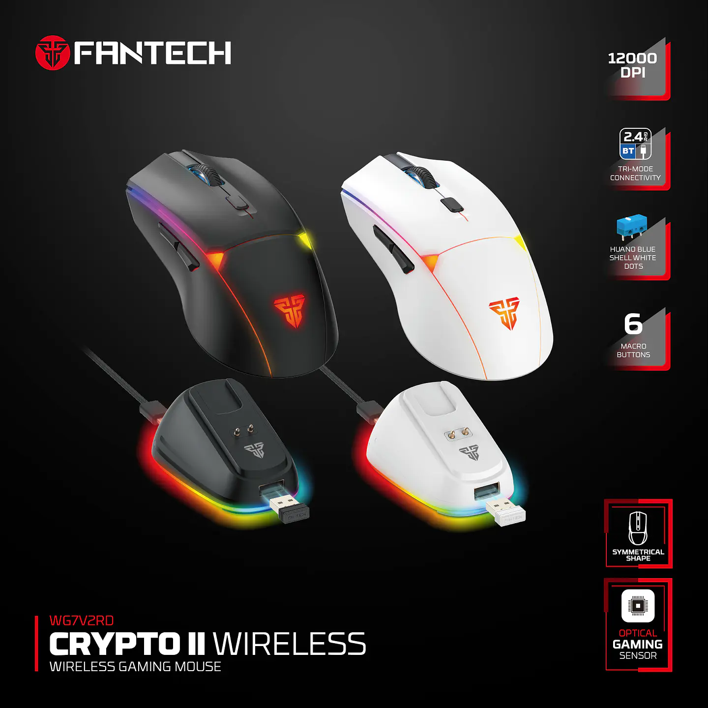 WG7DV2RD CRYPTO II Black Mouse Inalámbrico 12.000 DPI 16