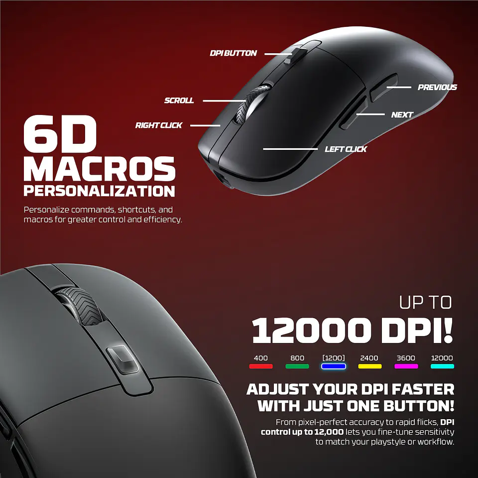 WG9RD KANATA Wireless Black Mouse inalámbrico 12.000 DPI con dock de carga RGB 12