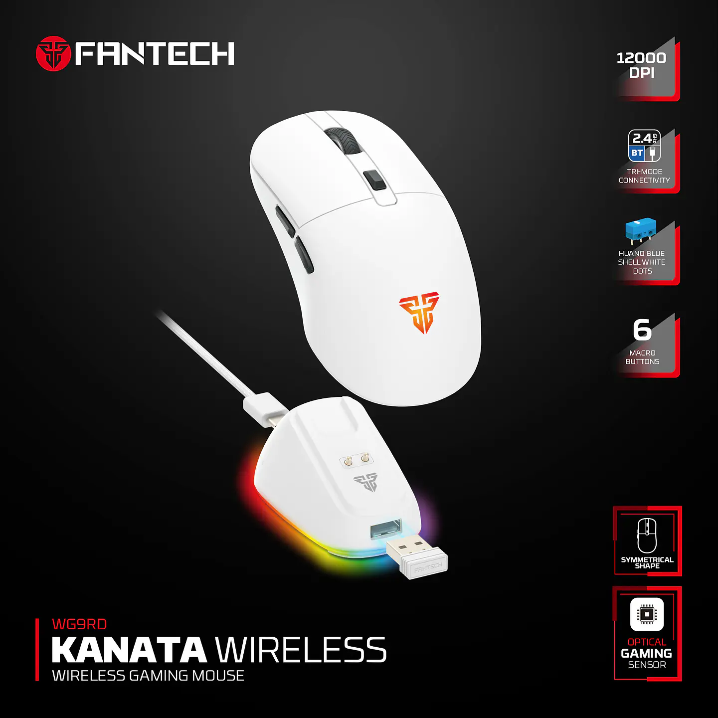 WG9RD KANATA Wireless White Mouse inalámbrico 12.000 DPI con dock de carga RGB 16