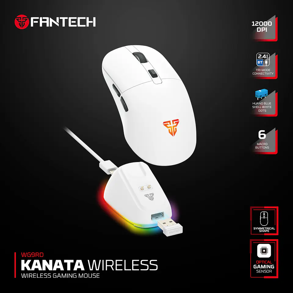 WG9RD KANATA Wireless White Mouse inalámbrico 12.000 DPI con dock de carga RGB 16