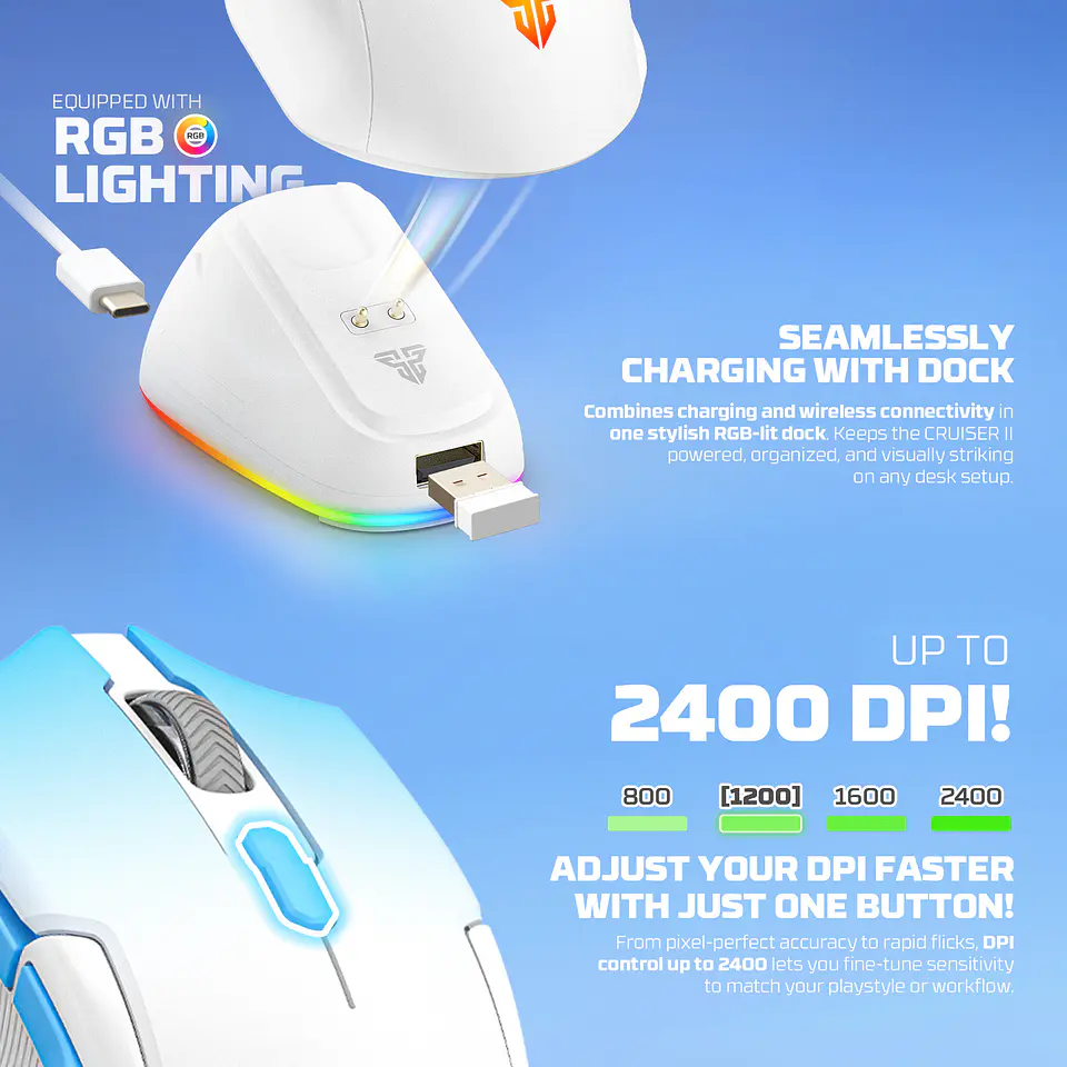WG11V2RD Cruiser II Black Mouse inalámbrico 2.400 DPI con dock de carga RGB 6