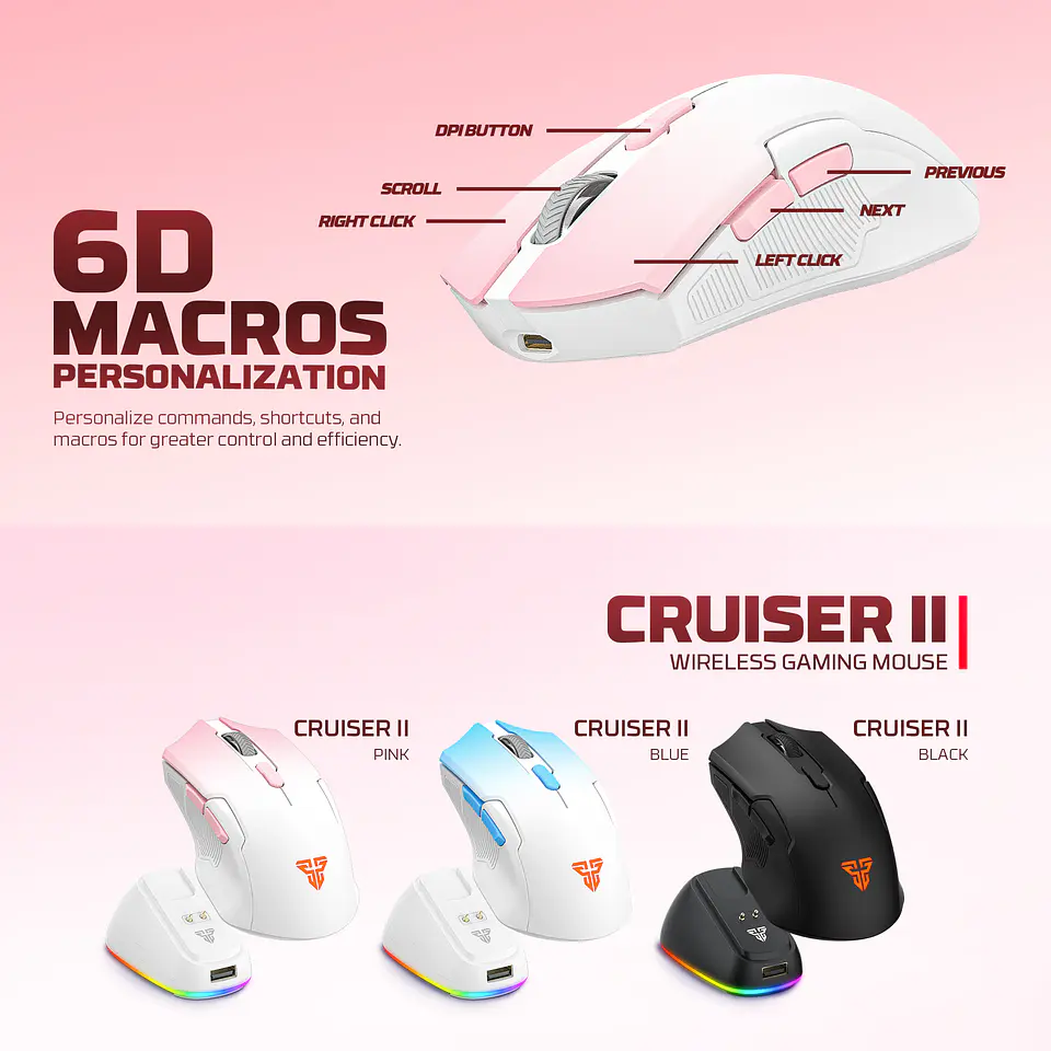 WG11V2RD Cruiser II Black Mouse inalámbrico 2.400 DPI con dock de carga RGB 8