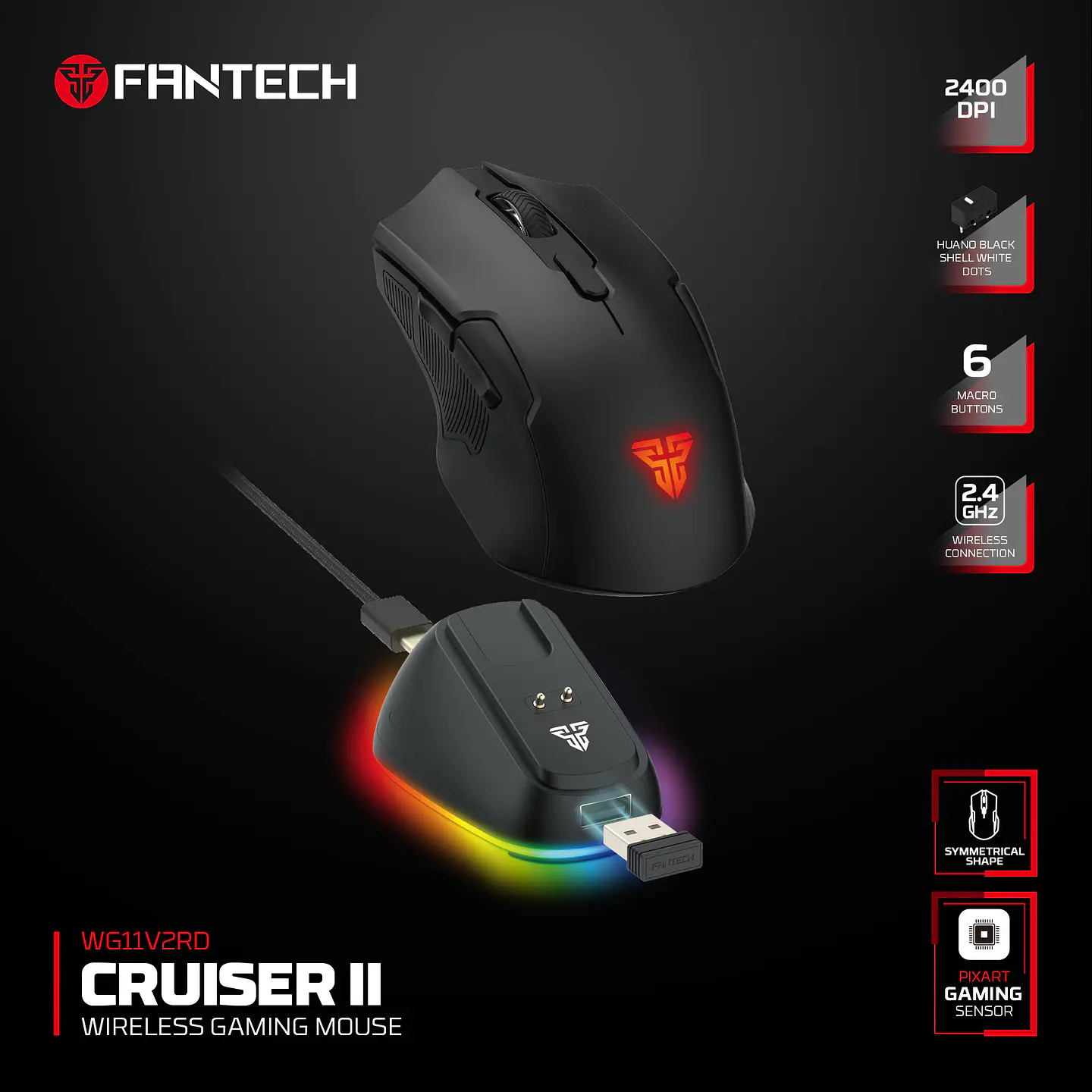 WG11V2RD Cruiser II Black Mouse inalámbrico 2.400 DPI con dock de carga RGB 13
