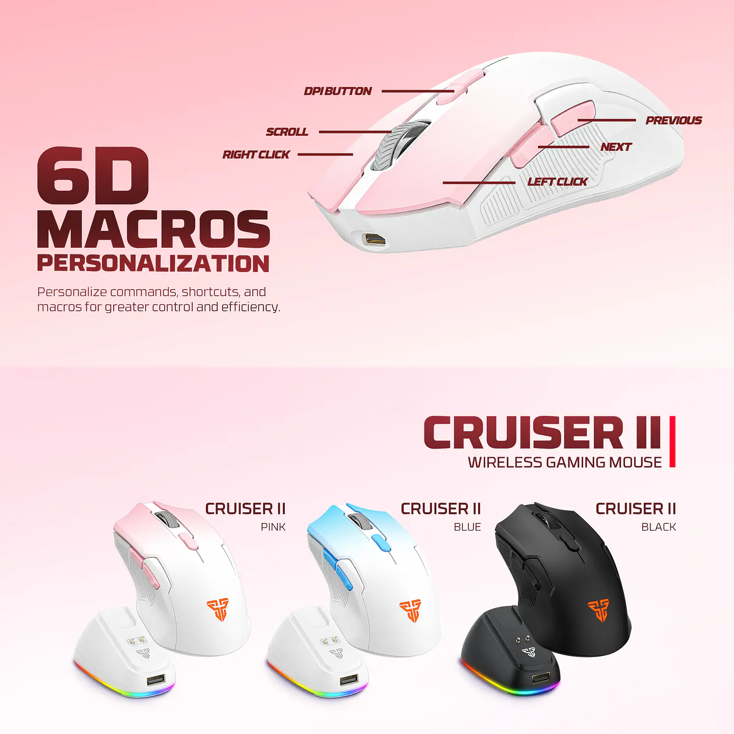 WG11V2RD Cruiser II Blue Mouse inalámbrico 2.400 DPI con dock de carga RGB 8