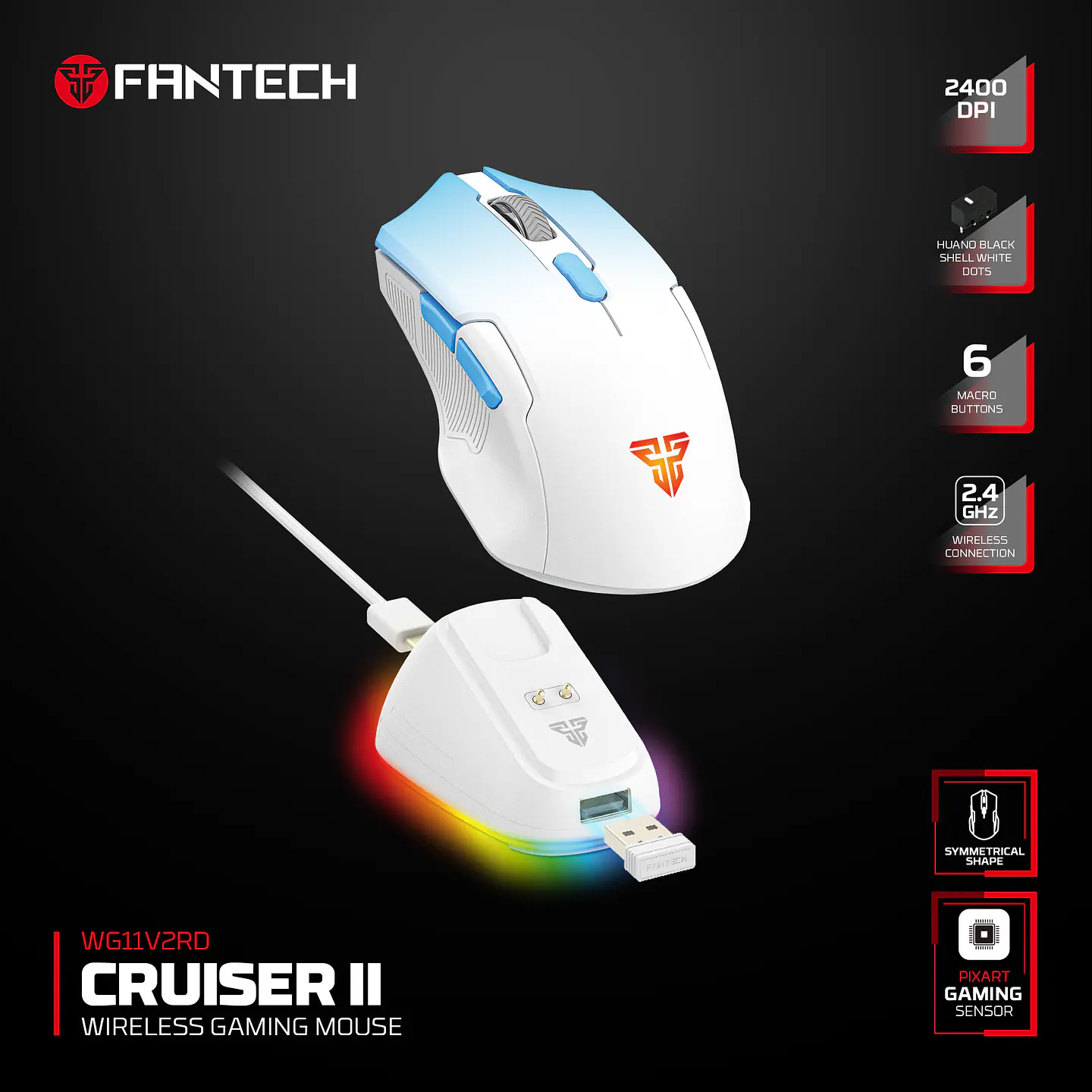 WG11V2RD Cruiser II Blue Mouse inalámbrico 2.400 DPI con dock de carga RGB 13