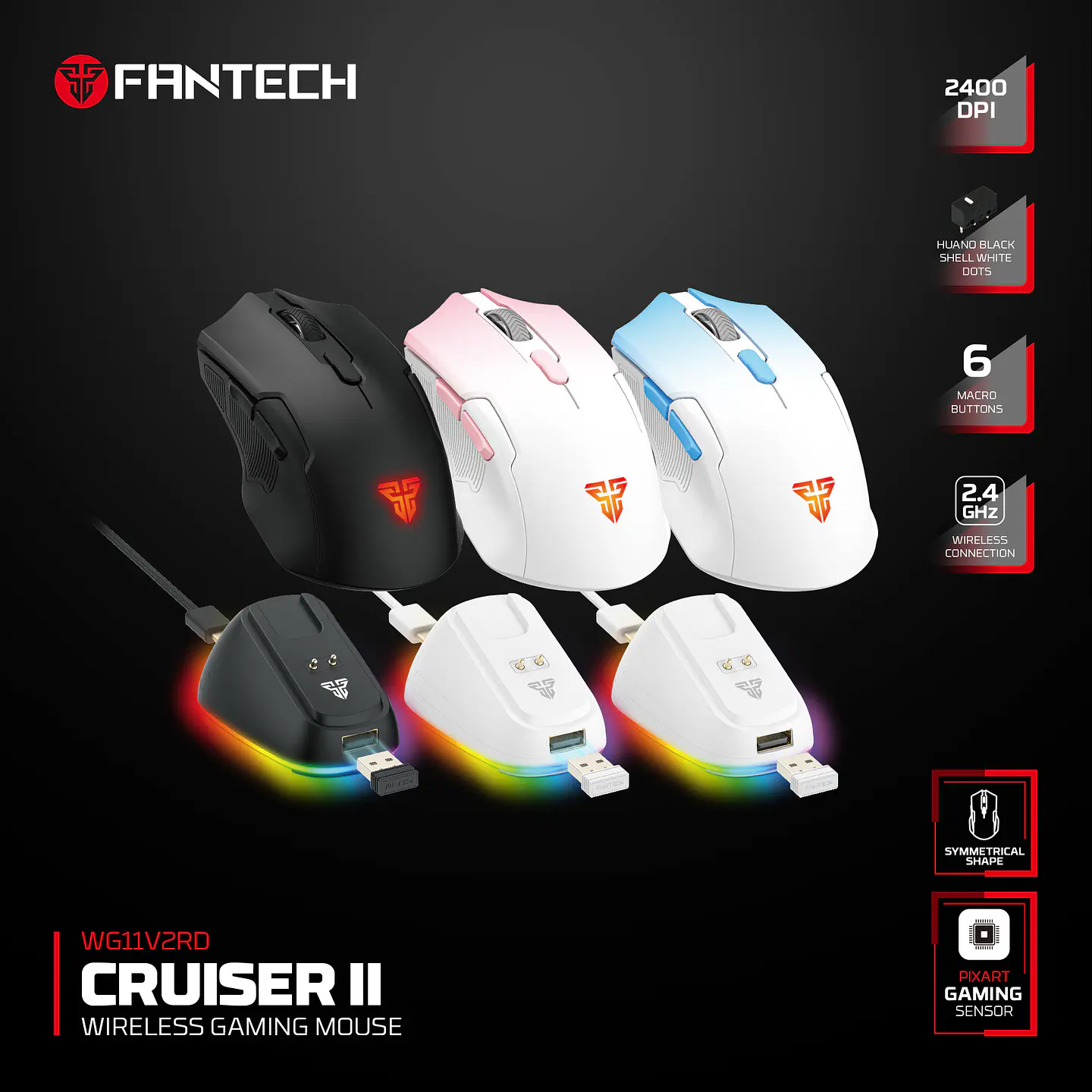 WG11V2RD Cruiser II Pink Mouse inalámbrico 2.400 DPI con dock de carga RGB 10