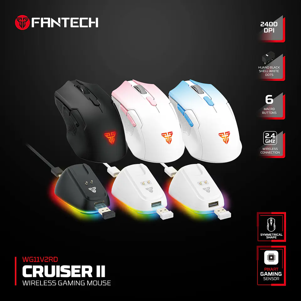 WG11V2RD Cruiser II Pink Mouse inalámbrico 2.400 DPI con dock de carga RGB 10