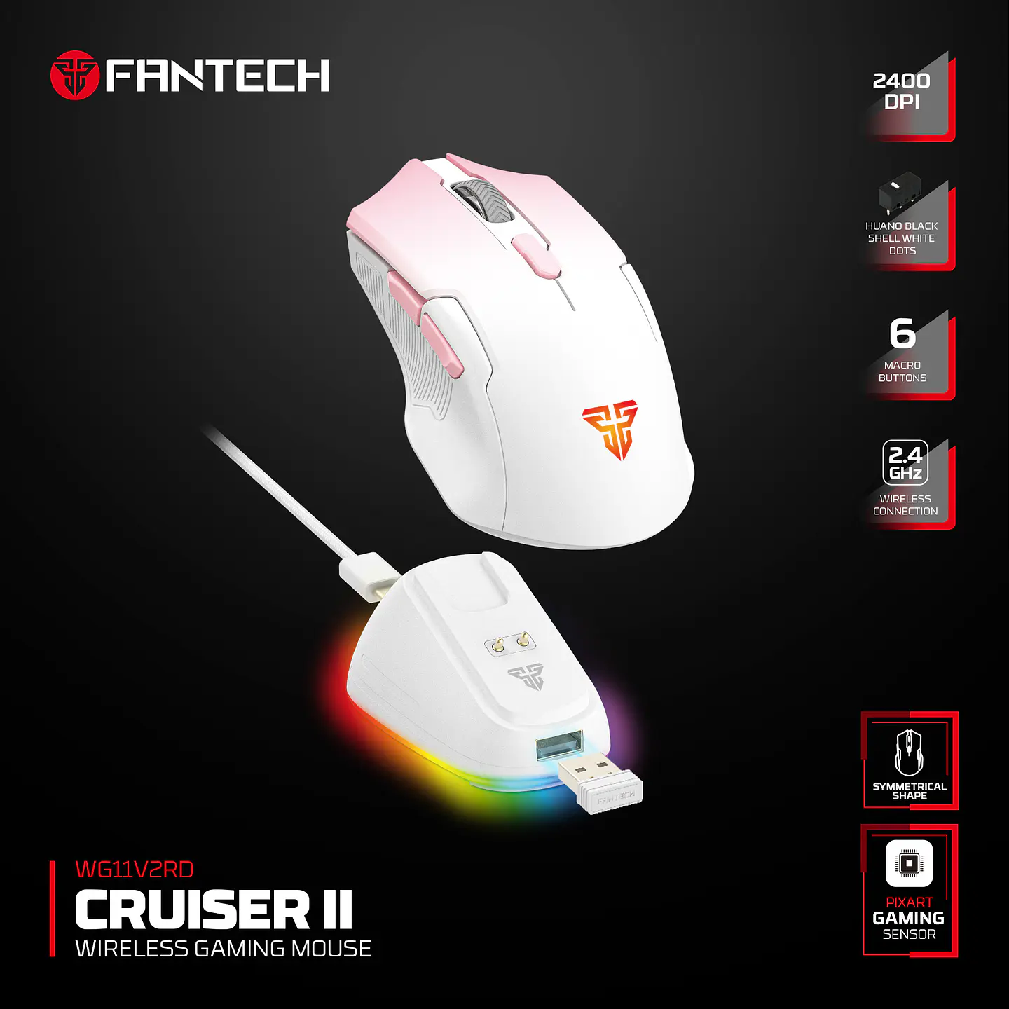 WG11V2RD Cruiser II Pink Mouse inalámbrico 2.400 DPI con dock de carga RGB 13