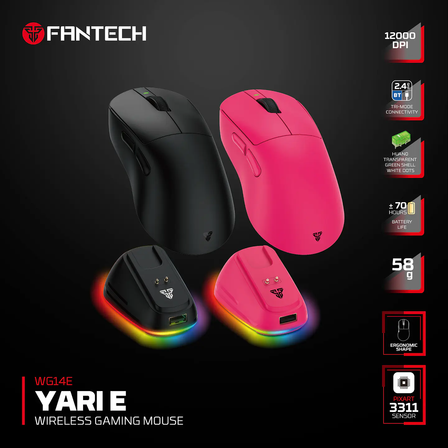 WG14E YARI E Black Mouse inalámbrico 12.000 DPI 300 IPS 35G 1000 MHz con dock de carga RGB 18