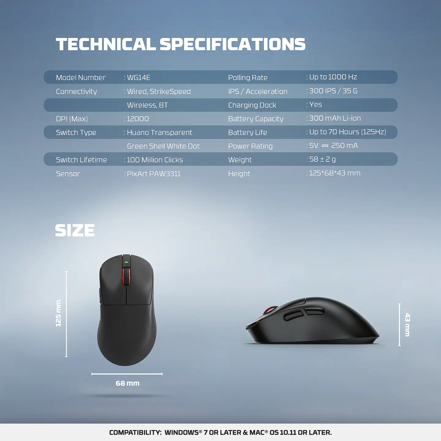 WG14E YARI E Black Mouse inalámbrico 12.000 DPI 300 IPS 35G 1000 MHz con dock de carga RGB 19