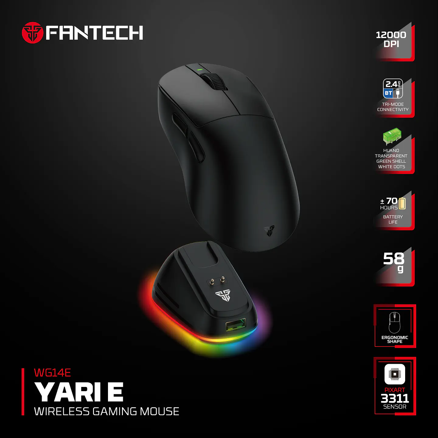 WG14E YARI E Black Mouse inalámbrico 12.000 DPI 300 IPS 35G 1000 MHz con dock de carga RGB 22