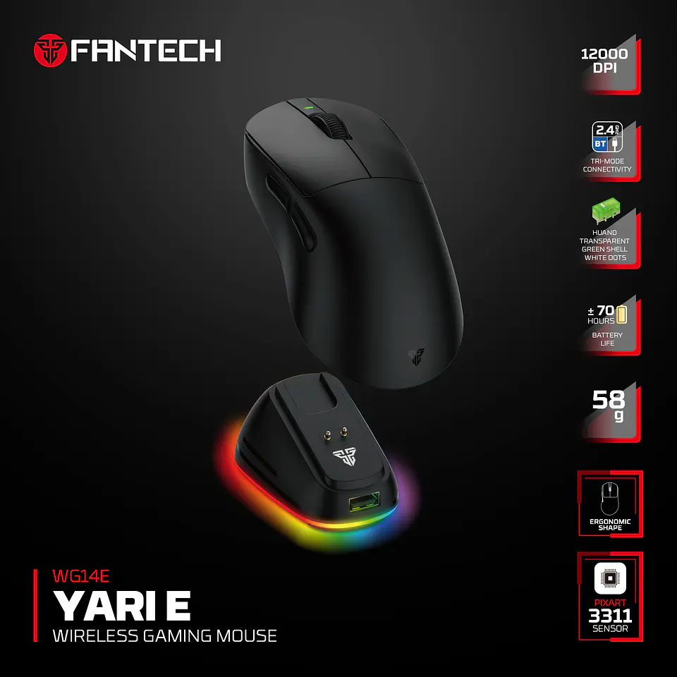 WG14E YARI E Black Mouse inalámbrico 12.000 DPI 300 IPS 35G 1000 MHz con dock de carga RGB 22