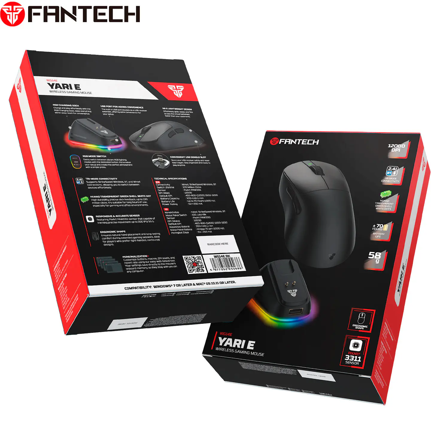 WG14E YARI E Black Mouse inalámbrico 12.000 DPI 300 IPS 35G 1000 MHz con dock de carga RGB 23