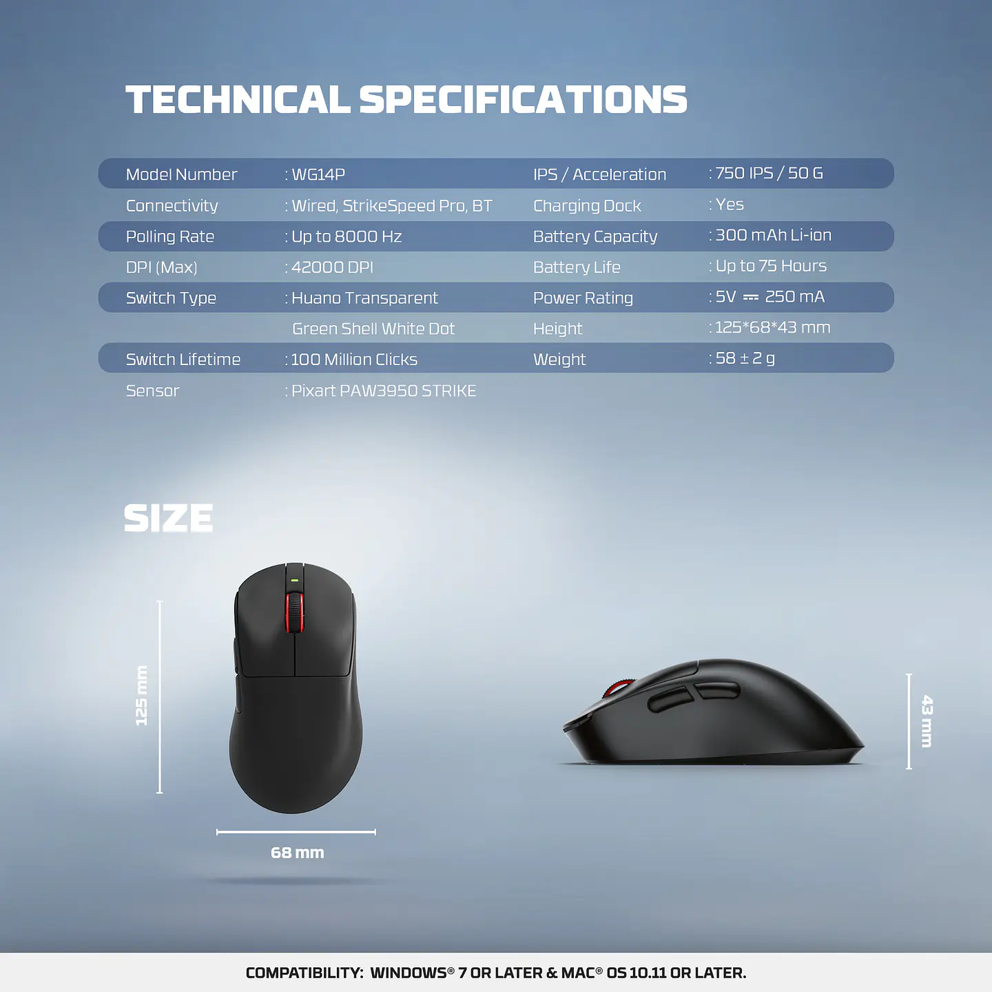WG14P YARI PRO Black Mouse Inalámbrico 42.000 DPI 8.000 MHz con dock de carga RGB 20
