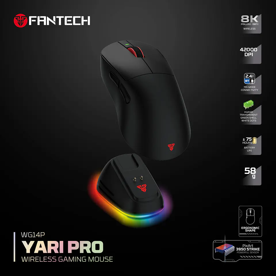 WG14P YARI PRO Black Mouse Inalámbrico 42.000 DPI 8.000 MHz con dock de carga RGB 22