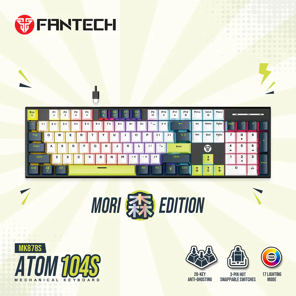 MK878s ATOM104S Mori White Teclado mecánico 100% Hot-Swappable Layout USA 17