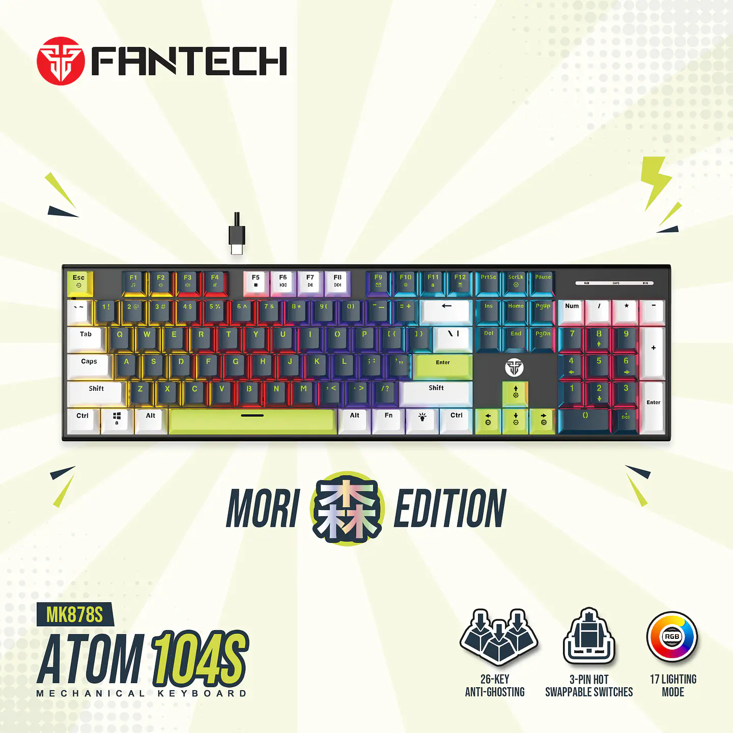 MK878s ATOM104S Mori Blue Teclado mecánico 100% Hot-Swappable Layout USA 15