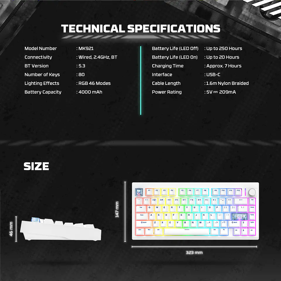 MK921 MAXFIT8 Black Teclado Mecánico Inalámbrico Hot-swappable 80% Layout USA 12