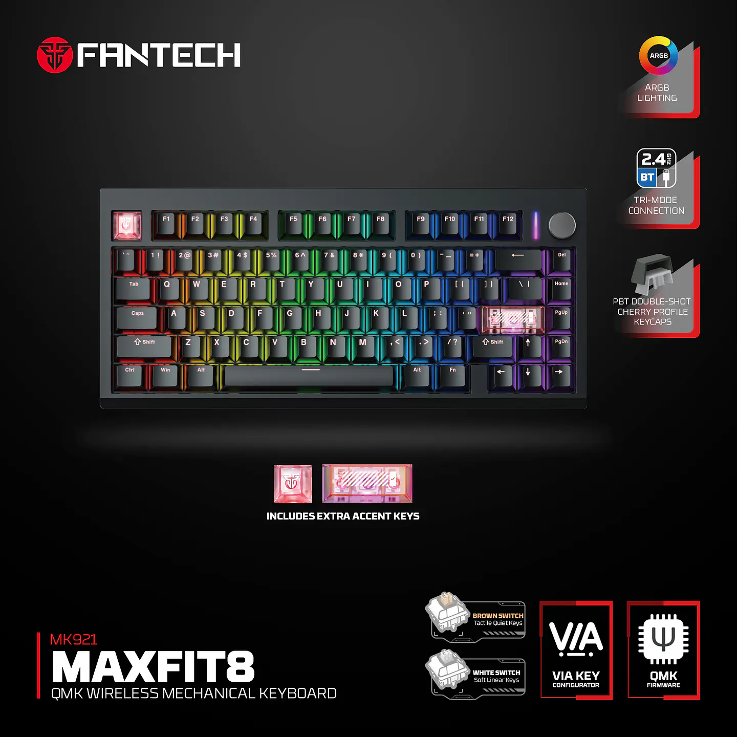 MK921 MAXFIT8 Black Teclado Mecánico Inalámbrico Hot-swappable 80% Layout USA 16