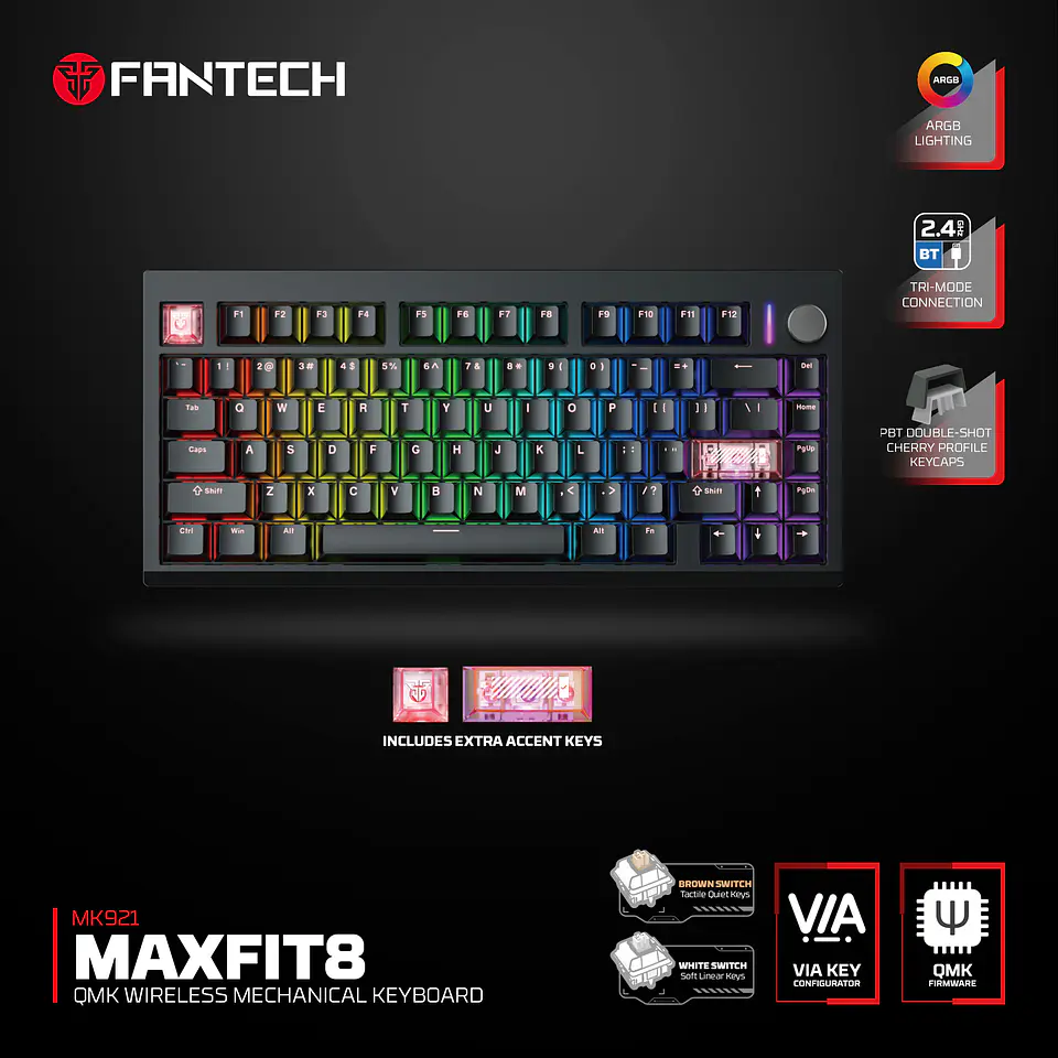 MK921 MAXFIT8 Black Teclado Mecánico Inalámbrico Hot-swappable 80% Layout USA 16