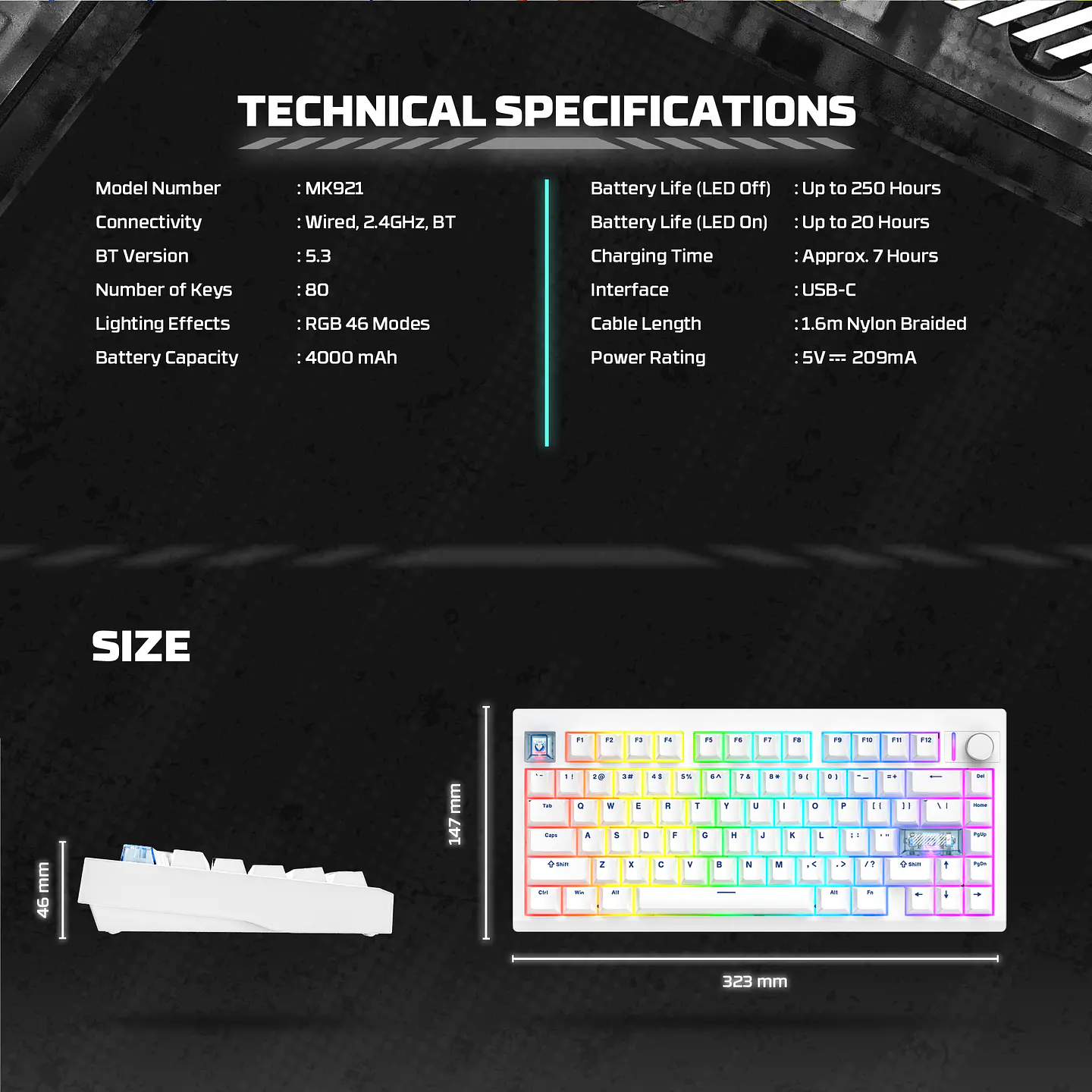 MK921 MAXFIT8 White Teclado Mecánico Inalámbrico Hot-swappable 80% Layout USA 12