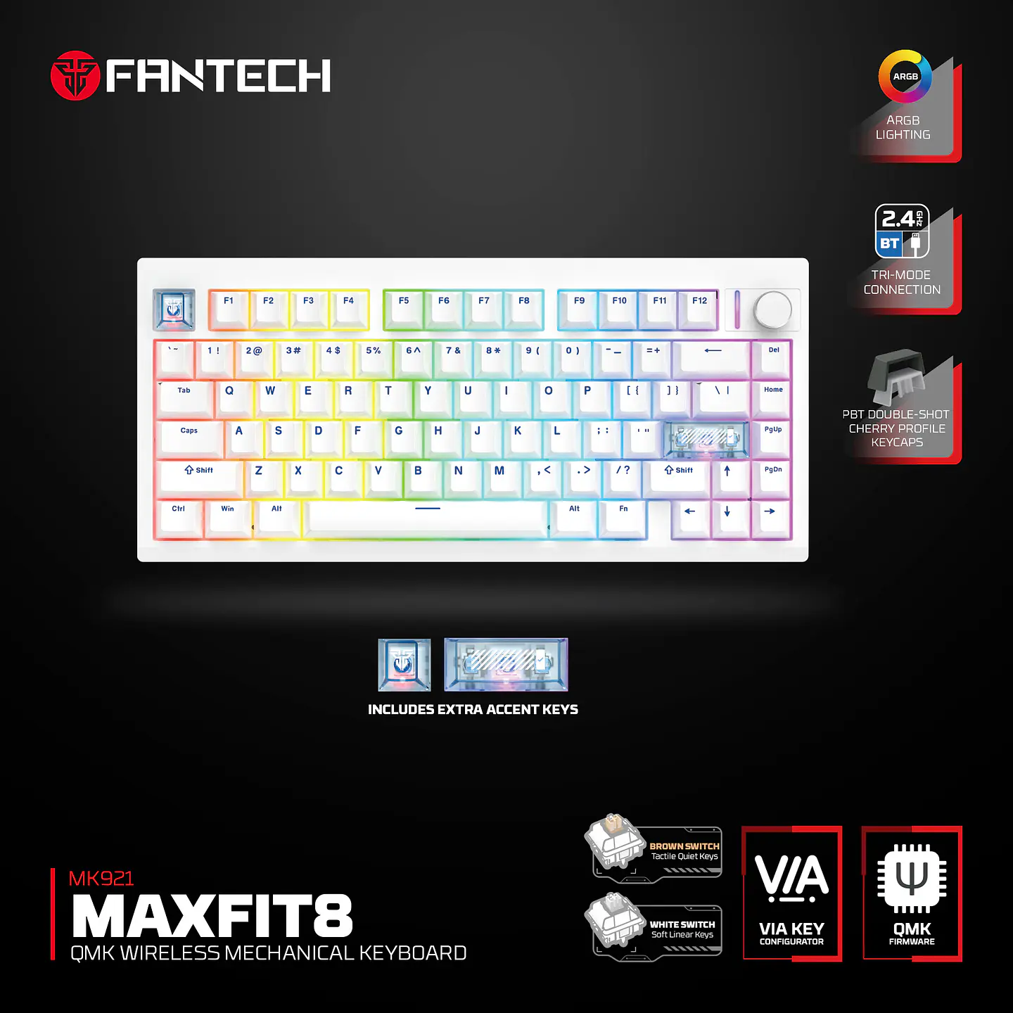 MK921 MAXFIT8 White Teclado Mecánico Inalámbrico Hot-swappable 80% Layout USA 16
