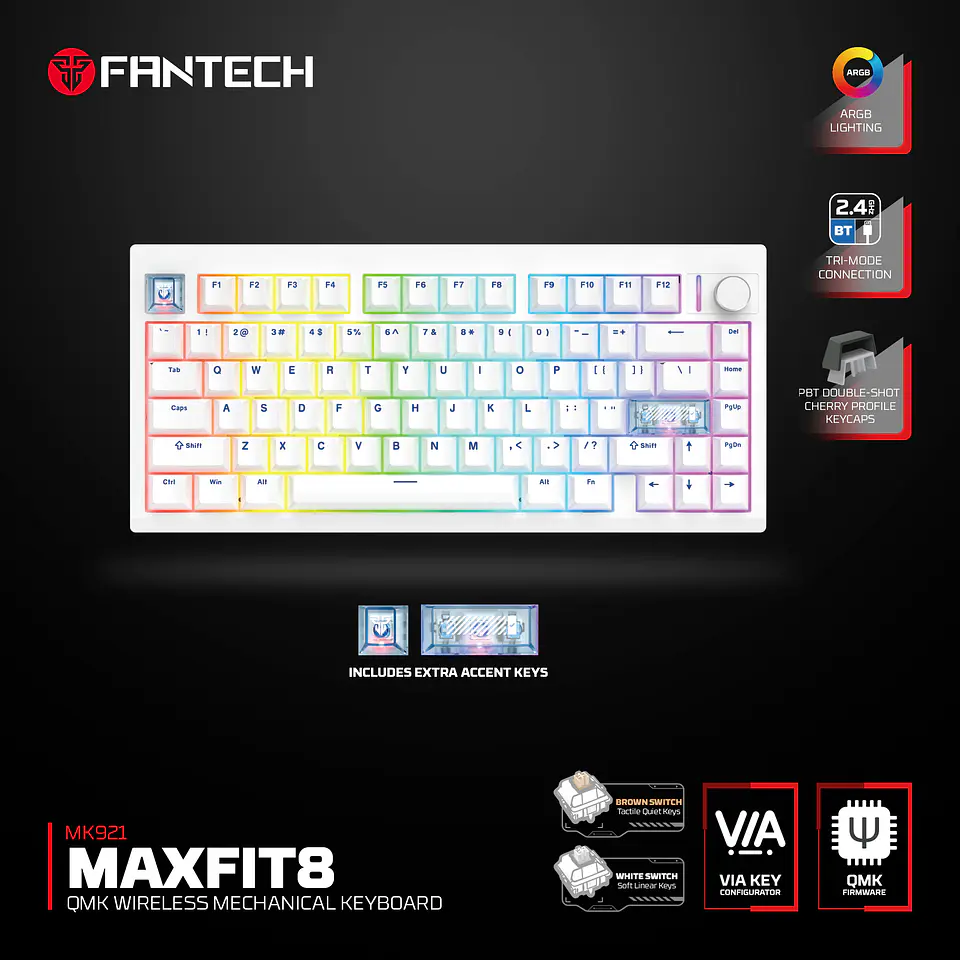 MK921 MAXFIT8 White Teclado Mecánico Inalámbrico Hot-swappable 80% Layout USA 16