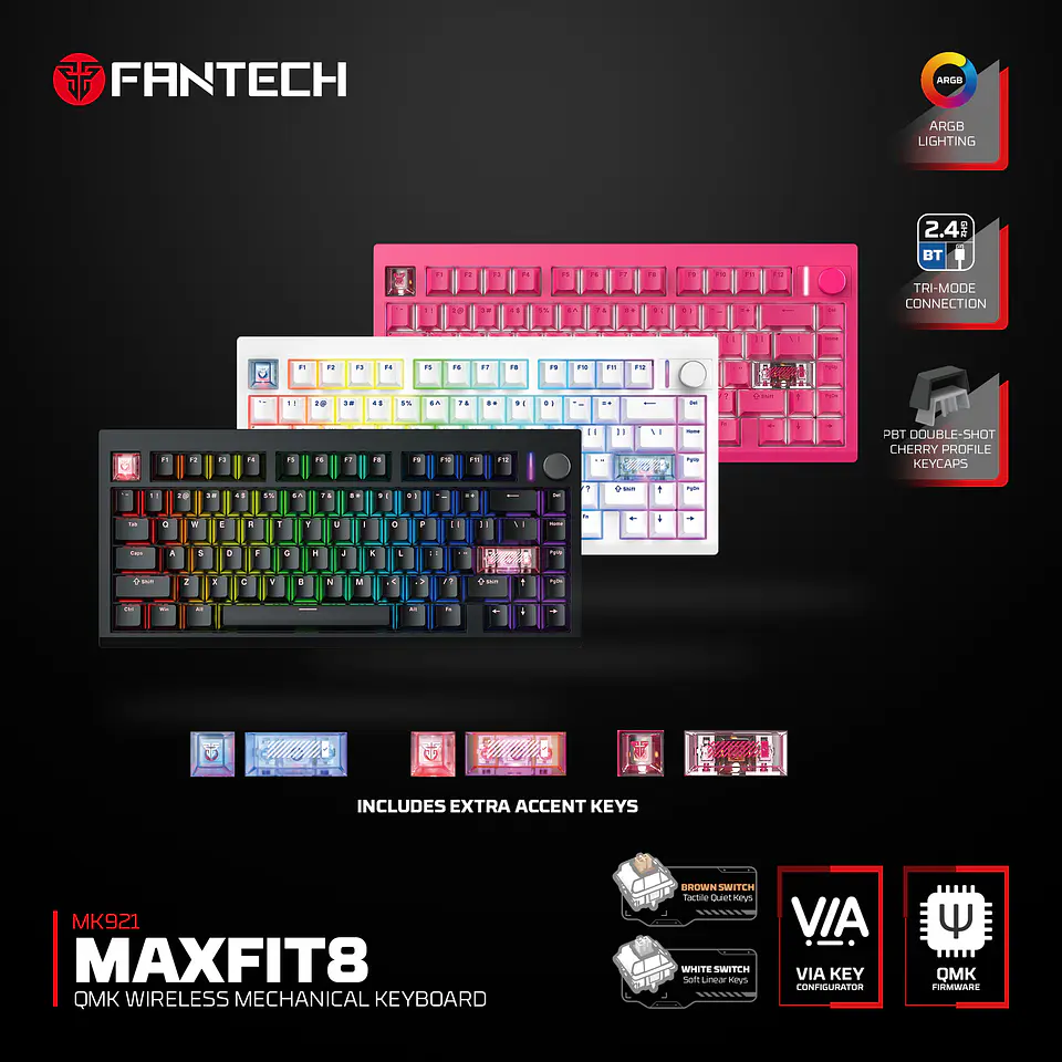 MK921 MAXFIT8 Rosie Pink Teclado Mecánico Inalámbrico Hot-swappable 80% Layout USA 12