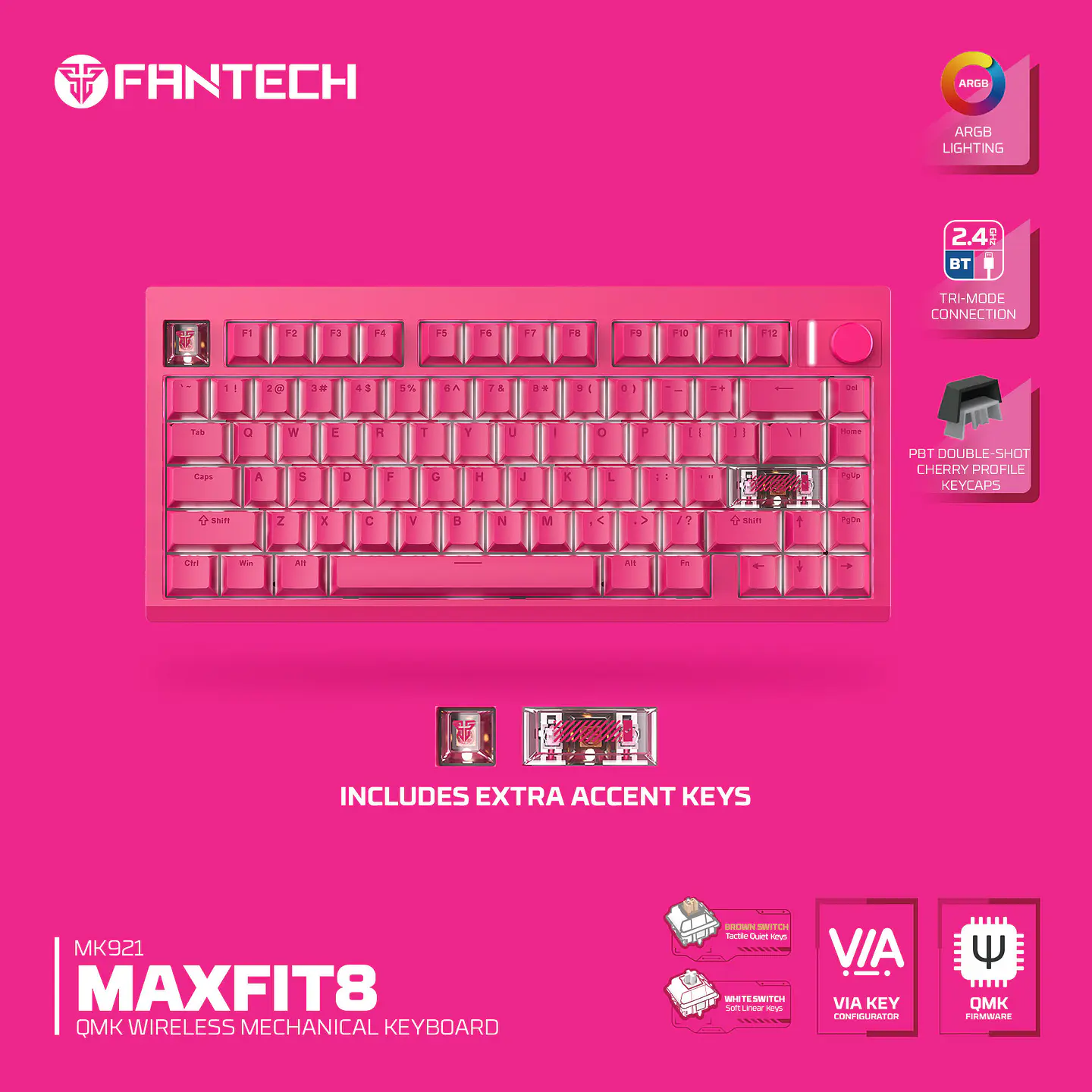 MK921 MAXFIT8 Rosie Pink Teclado Mecánico Inalámbrico Hot-swappable 80% Layout USA 16
