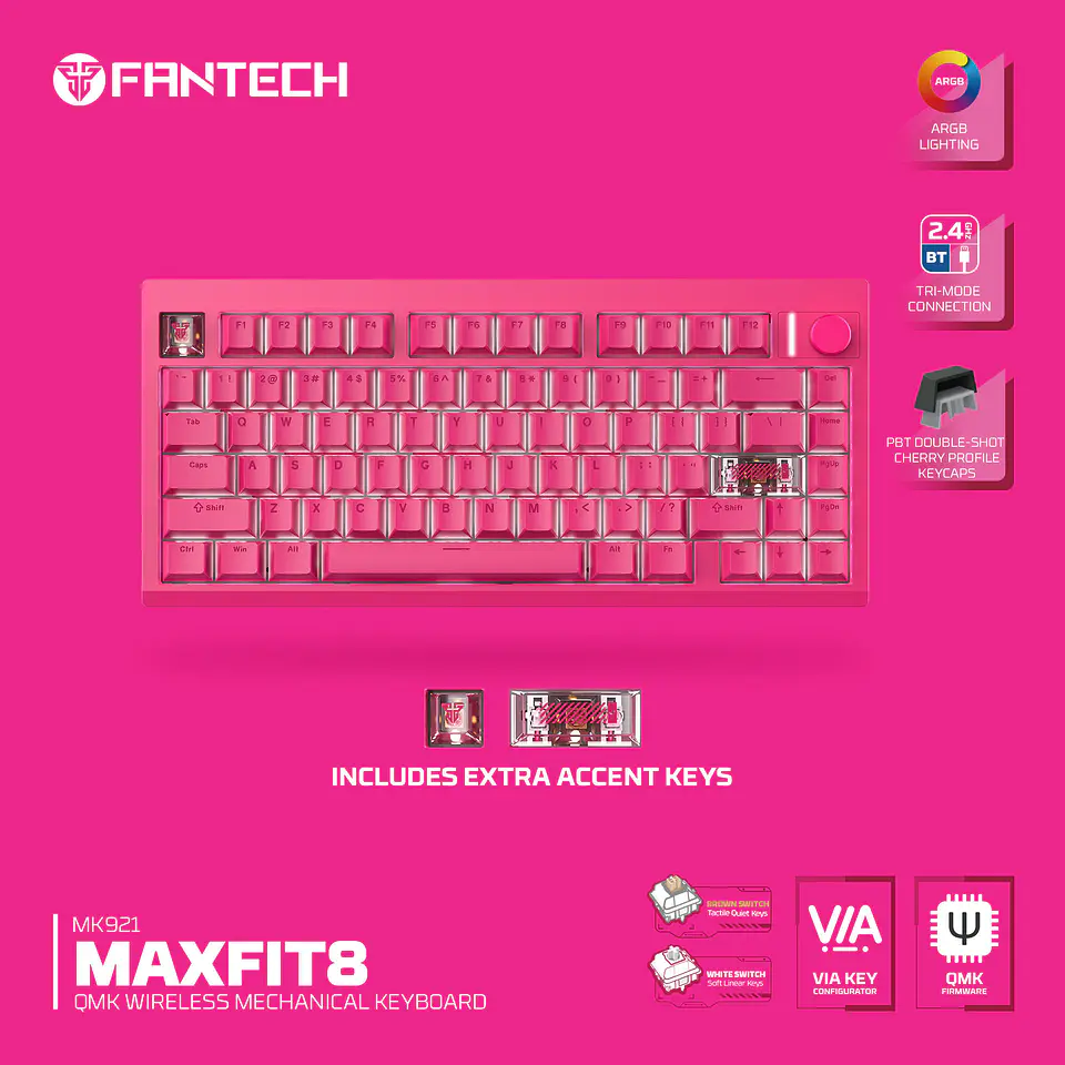 MK921 MAXFIT8 Rosie Pink Teclado Mecánico Inalámbrico Hot-swappable 80% Layout USA 16