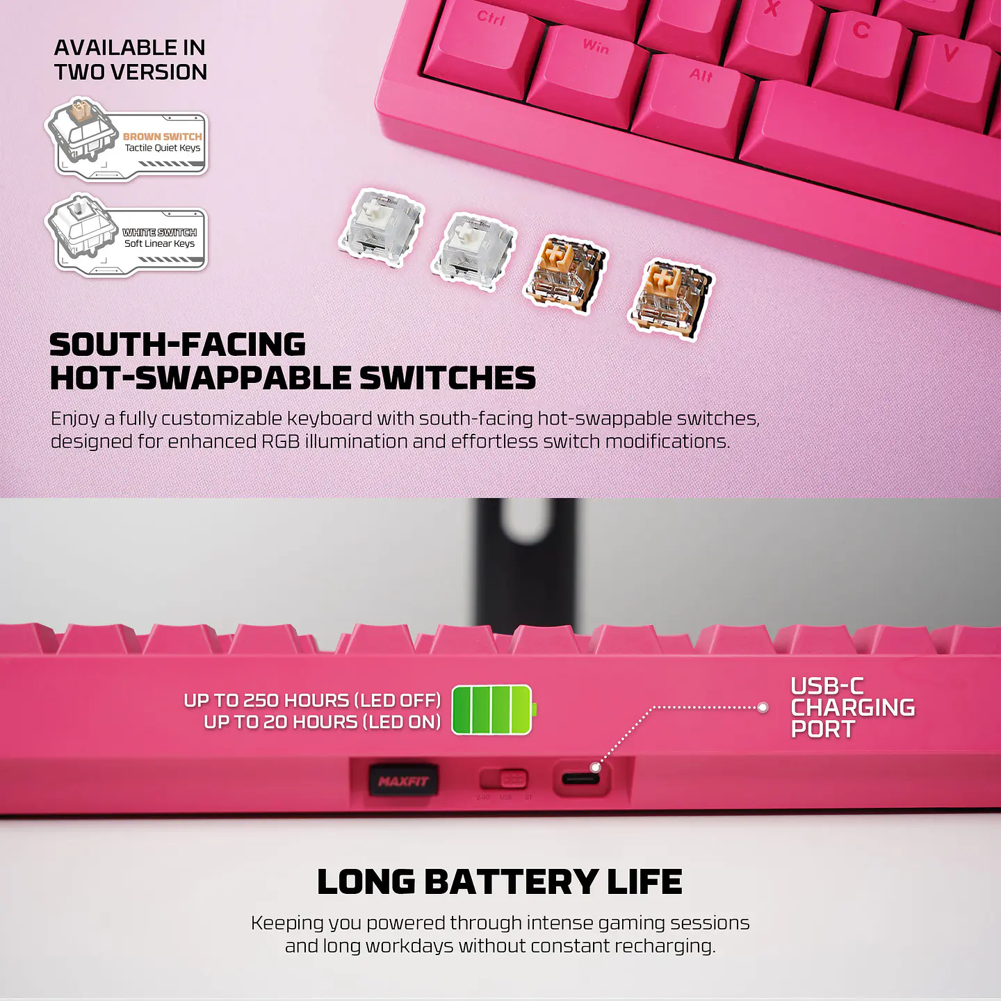 MK921 MAXFIT8 Rosie Pink Teclado Mecánico Inalámbrico Hot-swappable 80% Layout USA 7