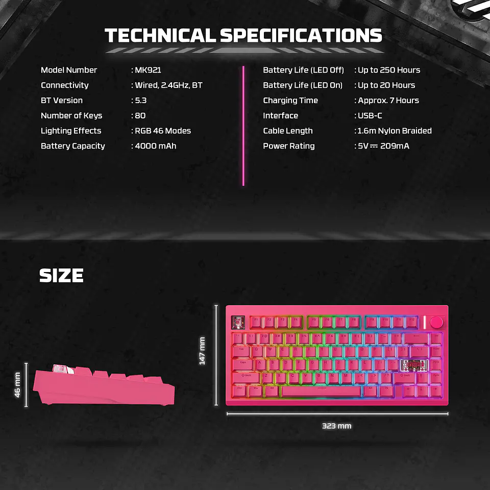 MK921 MAXFIT8 Rosie Pink Teclado Mecánico Inalámbrico Hot-swappable 80% Layout USA 13