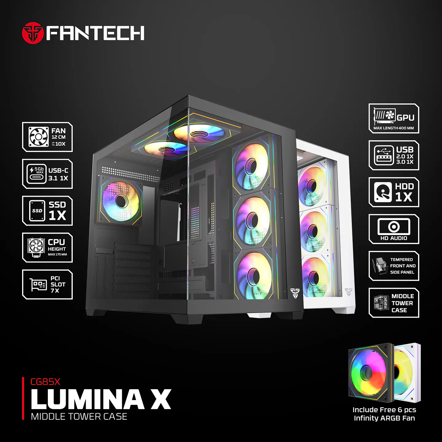 CG85X LUMINA X Black Gabinete Pecera con 6 Ventiladores Infinite aRGB 17