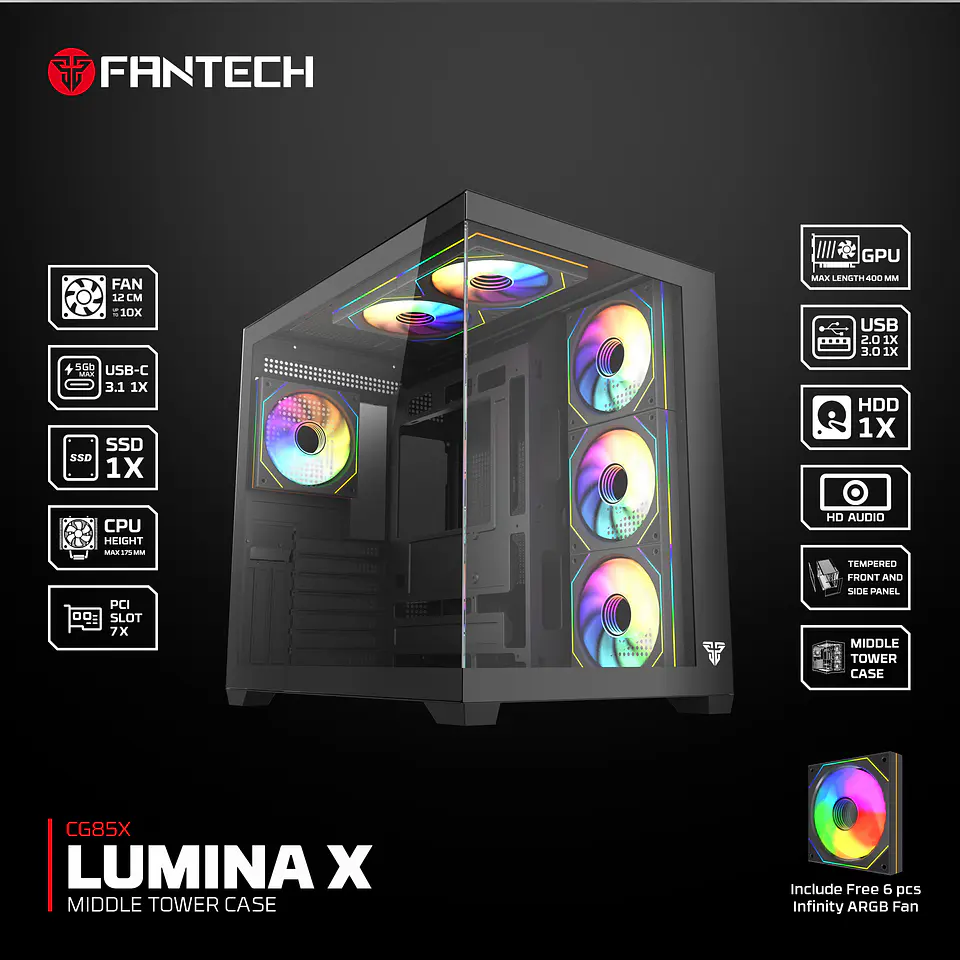 CG85X LUMINA X Black Gabinete Pecera con 6 Ventiladores Infinite aRGB 20