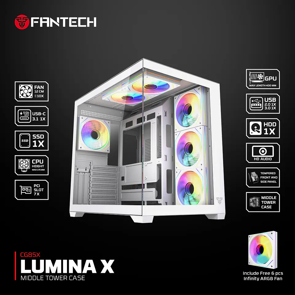 CG85X LUMINA X White Gabinete Pecera con 6 Ventiladores Infinite aRGB 19